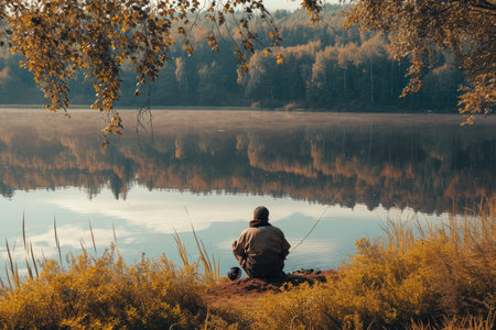 A man sits on the shore of a lake, engaged in the activity of fishing, A man enjoying solitude while fishing at the lake, AI Generatedの素材