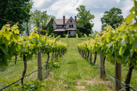 House in the Midst of a Verdant Field, A lush vineyard ripening in the summer sun with a rustic farmhouse in the backdrop, AI Generatedの素材