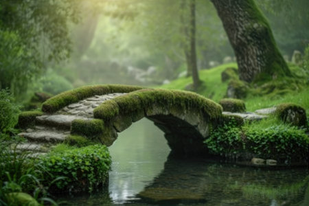A bridge covered in moss spans over a flowing stream in a dense forest, A mossy stone bridge crossing a peaceful brook, AI Generatedの素材