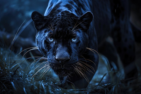 A black panther, captured in a close-up shot, gracefully walks through the dense foliage of a forest, A mysterious black panther creeping stealthily in the dead of the night, AI Generatedの素材