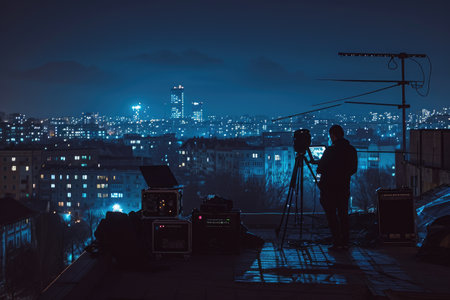 A man stands confidently on top of a roof, holding a camera, capturing the scene around him, A night scene of a lone podcaster broadcasting from a rooftop, AI Generatedの素材