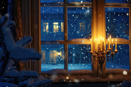 A single lit candle creates a warm glow in front of a window, casting gentle light in the room, A peaceful, snowy scene with a menorah glowing in the window, AI Generatedの素材