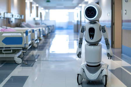 A robot stands motionless in a hospital hallway, ready to assist in medical tasks, A robot assisting in a hospital environment, AI Generatedの素材