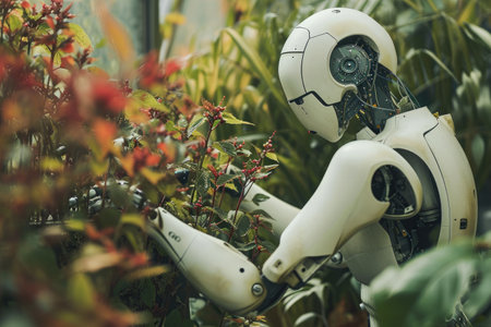 A robot calmly seated amidst the foliage of the bushes, blending into its surroundings, A robot gardener tending to an array of plants, AI Generatedの素材