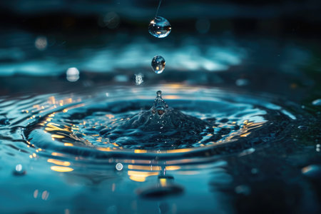 A single droplet of water descends and merges with the waters surface, creating ripples and a splash, A raindrop falling on a nano-engineered waterproof surface, AI Generatedの素材