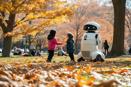 Two children energetically engage with a robot while playing in a vibrant park setting, A robot pet playing with children in a park, AI Generatedの素材