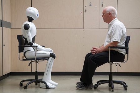 A man is sitting in a chair while a robot stands beside him, A robot psychologist counseling a human patient, AI Generatedの素材