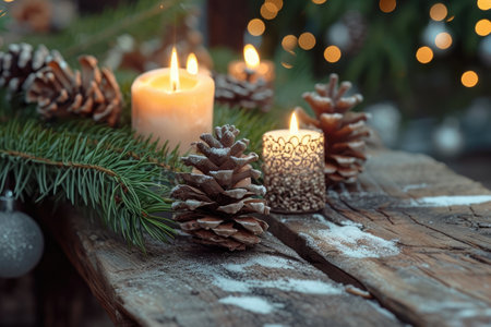 A wooden table is adorned with pine cones and candles, creating a rustic and cozy atmosphere, A rustic Christmas setting with pinecones and candles, AI Generatedの素材