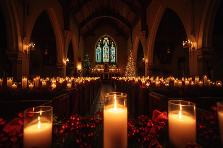 A photo capturing the ambiance of a church that is filled with an abundance of lit candles creating a warm and luminous atmosphere, A serene candle-lit church on Christmas Eve, AI Generatedの素材