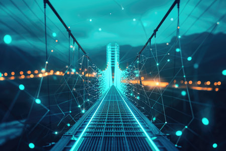 A bridge adorned with countless brightly lit bulbs spanning over a body of water, lighting up the night sky, A secure internet gateway portrayed as a guarded bridge, AI Generatedの素材