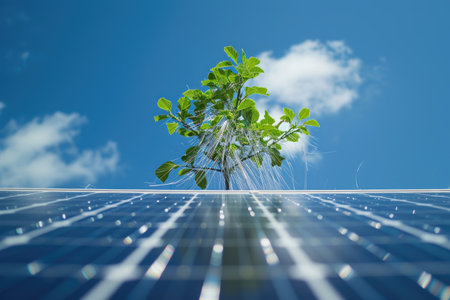 Tree Growing Out of the Top of a Solar Panel, A silver nanowire forest enhancing solar panel functionality, AI Generatedの素材