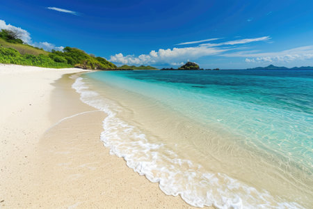 A sunny beach with sand and clear blue waters, A sun-drenched sandy beach with crystal-clear water, AI Generatedの素材