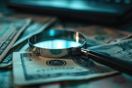 A magnifying glass is placed on top of a substantial pile of money, symbolizing the act of examining wealth, A suspenseful scene of forensic accounting, unveiling fraud, AI Generatedの素材