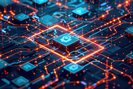 A computer circuit board featuring a vibrant blue and orange design, A stylized concept of a Virtual Private Network (VPN), AI Generatedの素材