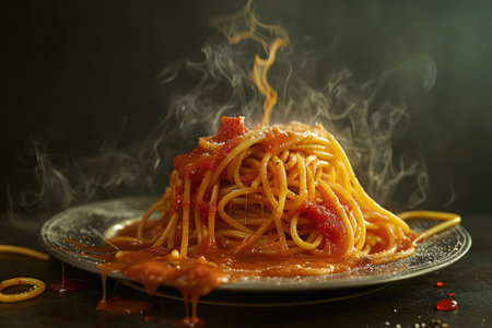 A plate filled with al dente spaghetti noodles, topped with a savory tomato sauce, A surreal interpretation of a spaghetti dinner, AI Generatedの素材