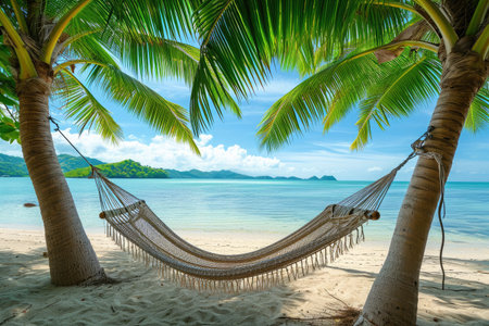 Hammock Between Two Palm Trees on a Beach, A tranquil scene of a hammock tied between two coconut trees on a pristine beach, AI Generatedの素材