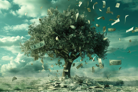 A tree laden with money is depicted in this image, as a shower of bills cascades from its branches onto the ground below, A tree that grows money, dropping down as leaves wilt, AI Generatedの素材