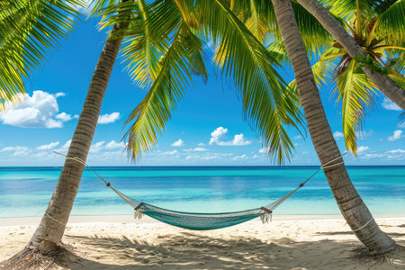 A hammock hangs between two palm trees on a sandy beach, creating a peaceful spot for relaxation, A tranquil scene of a hammock tied between two coconut trees on a pristine beach, AI Generatedの素材