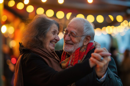 An older man and woman gracefully dance together, showcasing their connection and love for movement, An elderly couple happily dancing at a party, AI Generatedの素材