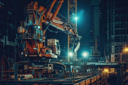 A massive crane stands prominently in the center of a bustling construction site, surrounded by workers and heavy machinery, An automated smart crane at a nightly construction site, AI Generatedの素材