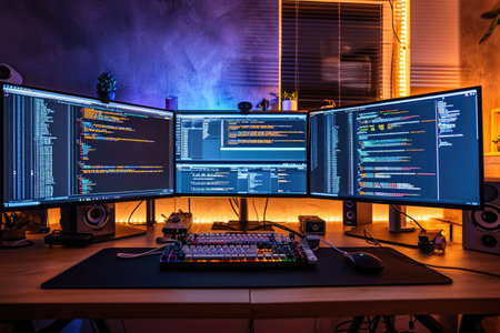 A workstation with a desk featuring two computer monitors and a keyboard, An engineer's work station with multiple monitors showing code, AI Generatedの素材