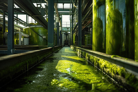 This photo depicts a sizable green plant containing a plentiful amount of water, creating a visually striking image, An industrial scale of algae biofuels, AI Generatedの素材