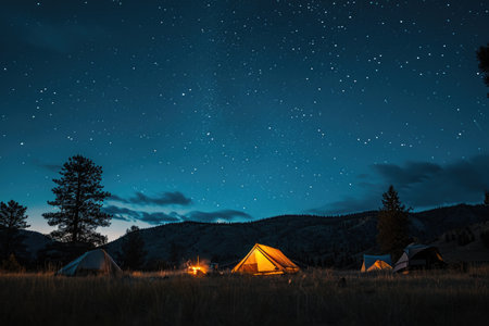Two tents are placed on top of a vast grass-covered field, An idyllic camping scene under a twinkling starry summer sky, AI Generatedの素材