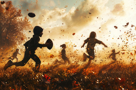 Group of Children Running Through a Field, An imaginative visualization of kids playing a game of football after thanksgiving dinner, AI Generatedの素材