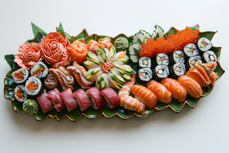 A table displays a variety of sushi rolls and sashimi on a platter, ready to be enjoyed, An intricate sushi platter in pop-art style, AI Generatedの素材