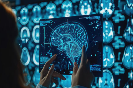 A woman diligently studies a computer screen showing a detailed brain scan, Artificial intelligence analyzing a brain scan, AI Generatedの素材