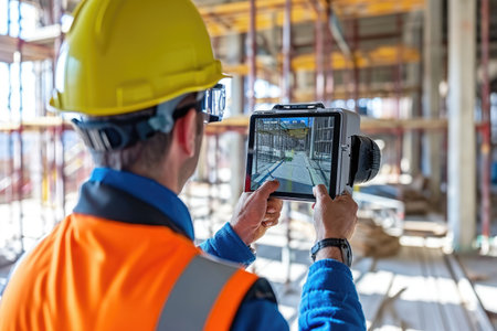 A man wearing a hard hat securely holds a tablet while on a construction site, Augmented reality (AR) used for visualizing and improving construction projects, AI Generatedの素材