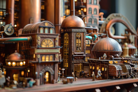 This photo showcases a detailed close-up view of a realistic model of a city with intricate architectural features and urban landscapes, A whimsical chocolate factory, AI Generatedの素材
