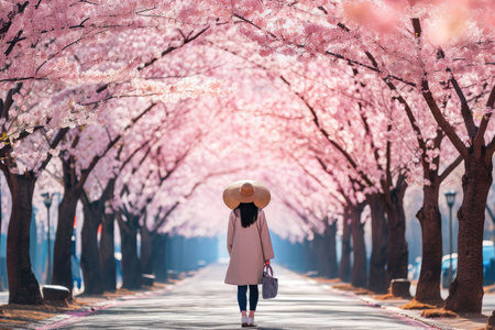 A woman strolls down a street lined with trees, enjoying a leisurely walk, A woman strolling under cherry blossom trees, AI Generatedの素材