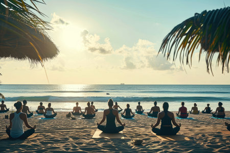 A group of individuals sitting on the sandy beach, enjoying the view of the ocean and the warmth of the sun, A yoga class taking place on a beach, AI Generatedの素材