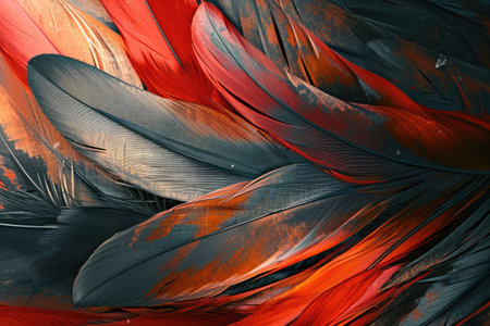 This close-up photo showcases a vivid assortment of feathers, revealing intricate patterns and textures, Background with imagery that is abstract, yet reminiscent of a bird's feathers, AI Generatedの素材
