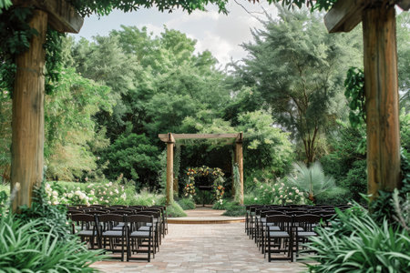 Outdoor Ceremony Setup for a Wedding, Botanical garden wedding with lush green scenery and fragrant floral arrangements, AI Generatedの素材