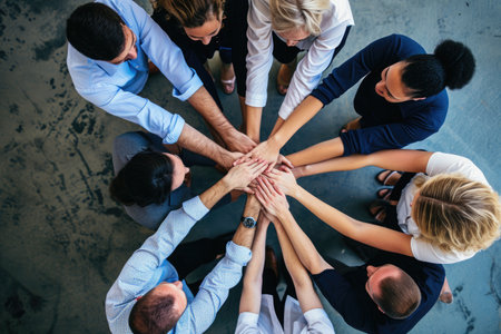 A group of diverse individuals standing in a circle, joining their hands together in unity and cooperation, Business team forming a huddle in an inspirational meeting, AI Generatedの素材