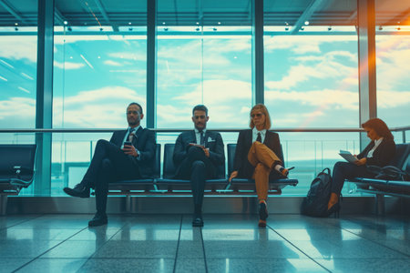 Group of People Sitting in a Waiting Area, Business travelers waiting for their flights in an airport lounge, AI Generatedの素材