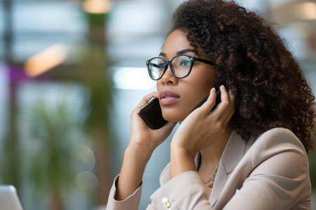 A woman wearing glasses engages in a conversation on her cell phone, Businesswoman making a serious phone call in her office, AI Generatedの素材