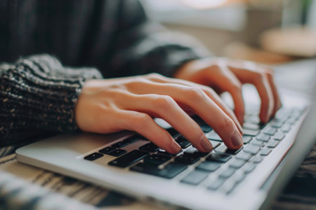 A detailed close-up shot of a person focused on typing on a laptop computer, Close-up image of hands typing on a laptop keyboard, AI Generatedの素材