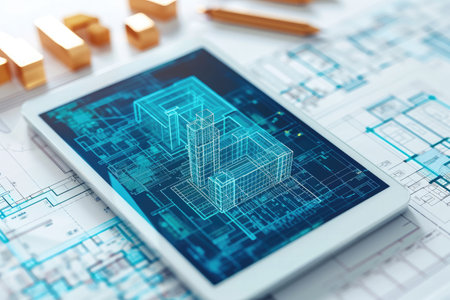 A tablet computer is seen resting on top of a table covered in blueprints, Close-up of a digital tablet displaying building information modeling (BIM) software, AI Generatedの素材