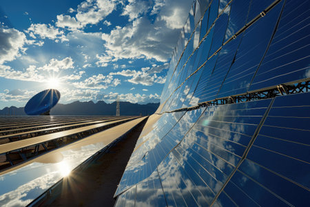 The suns rays break through the clouds, illuminating a solar panel, Close-up of the mirror array in a towering solar power plant, AI Generatedの素材