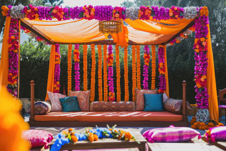 A stage decorated with a couch and pillows, creating a cozy seating area, Colorful Indian wedding with a decorated mandap and vibrant flower garlands, AI Generatedの素材