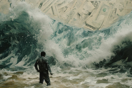 A man standing confidently in front of a colossal wave of money, symbolizing wealth and abundance, Conceptual art piece expressing the volatility of inflation, AI Generatedの素材