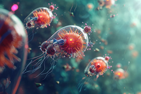 A cluster of jellyfish floats gracefully in the ocean, creating a mesmerizing sight, Conceptual visualization of tiny nanobots at work, AI Generatedの素材