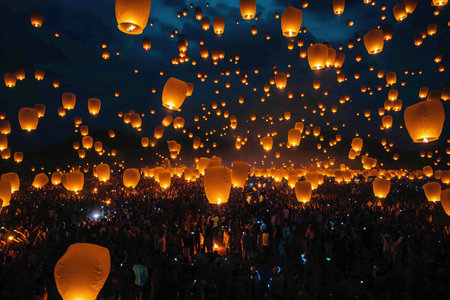 A multitude of individuals gather together outdoors to launch a series of lanterns into the night sky, Crowd watching in awe at a magical lantern release event, AI Generatedの素材