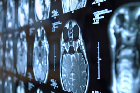A collection of medical MRI images displayed on a wall, showcasing detailed scans of various body parts, Detailed visual of MRI results showing a torn ACL, AI Generatedの素材