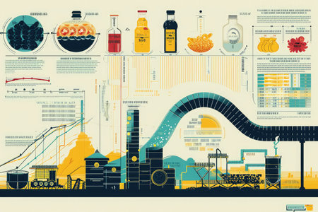 Diagram of a Factory With Numerous Equipment and Structures, Diagram-like infographic comparing commodities with respect to inflation over years, AI Generatedの素材