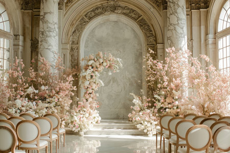 This photo captures a room filled with numerous chairs and vibrant flowers arranged throughout the space, Elegant ceremony under a marble arch, surrounded by blooming flowers, AI Generatedの素材
