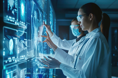 A woman wearing a white lab coat and goggles is focused on analyzing data displayed on a computer screen, Doctors analyzing data on a holographic interface, AI Generatedの素材
